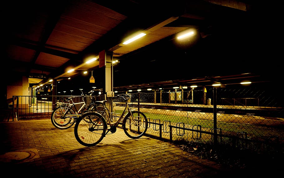 night, light, railway station, bike, bike racks, platform, neon light, evening, abandoned, mood