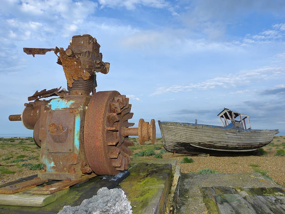 dungeness, romney marsh, england, kent, south beach gland, wreck, ship, old, leave, motor
