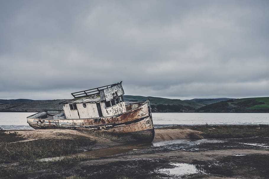 nature, water, mountains, landscape, boat, sky, clouds, sea, abandoned, shipwreck