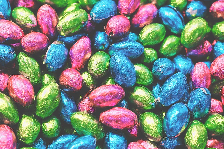 chocolate, sweet, wrapper, sparkle, full frame, large group of objects, backgrounds, multi colored, abundance, food