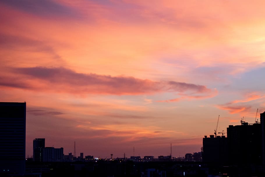 evening, pink, sunset, sky, colorful, architecture, building exterior, built structure, city, cloud - sky