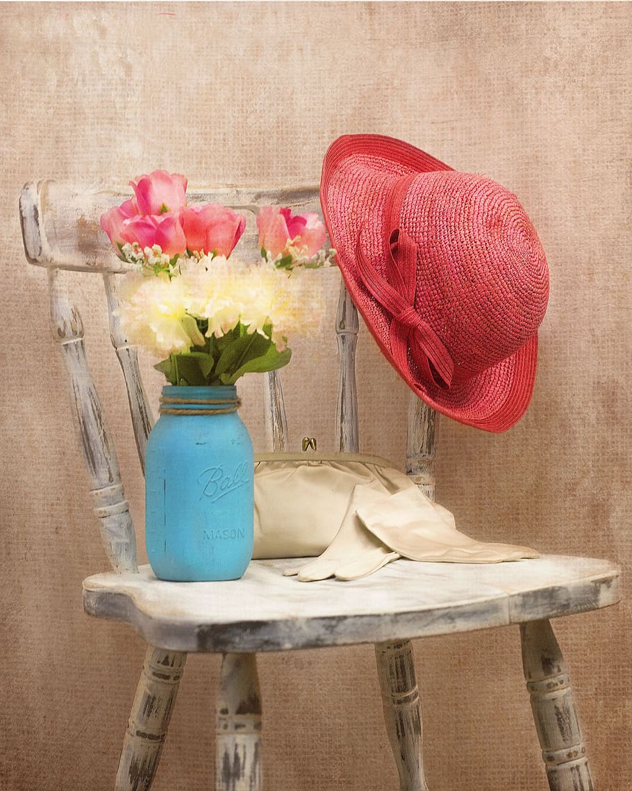 blue, decorative, mason jar, white, wooden, windsor chair, vintage, hat, flowers, style