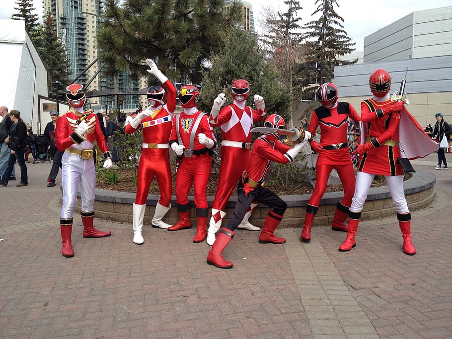 grupo, vermelho, power rangers, reunidos, evento cosplay, super heróis, trajes, pessoas, super, super herói