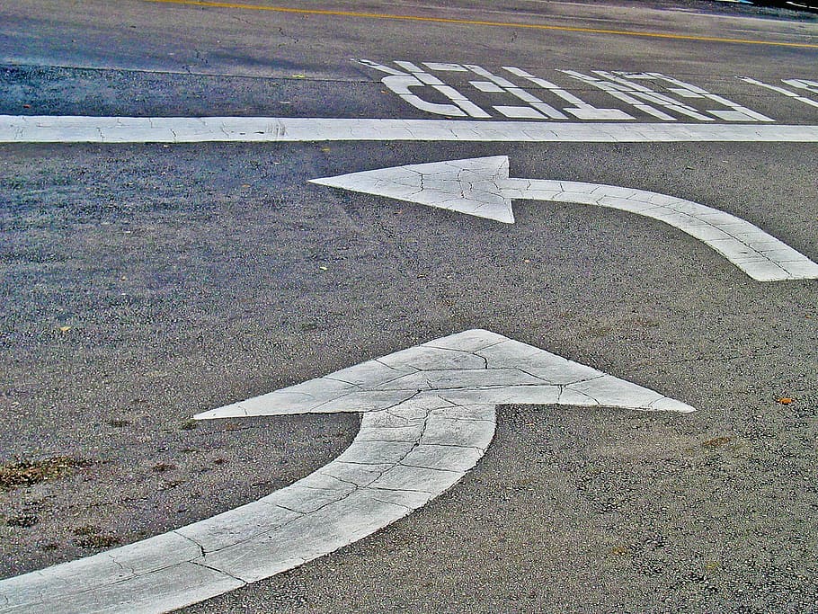 white, arrow pavement road, painted, signage, arrows, road, street, asphalt, line white, background