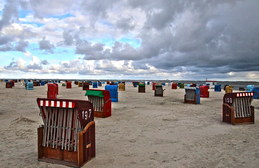 klub, pantai, laut, Laut Utara, Frisia timur, Liburan, kursi pantai, langit, awan-awan, berawan