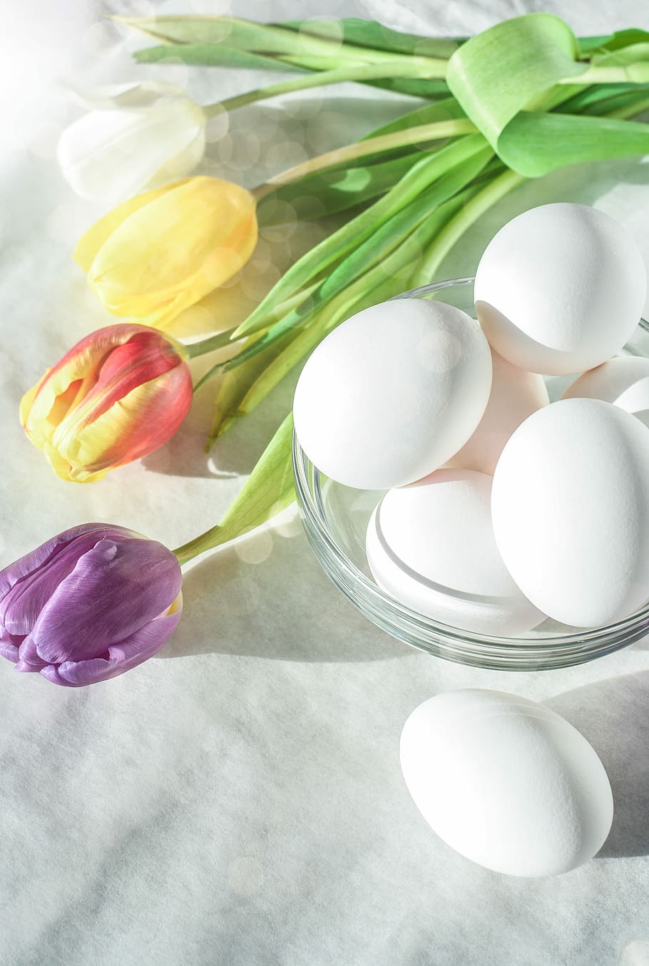 assorted-color petaled flowers, eggs, white, textile, flower, egg, easter, desktop, nature, spring