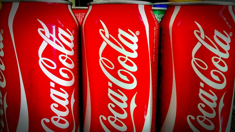 three, coca-cola soda cans, coca cola, tin, soda, drink, coca-Cola, red, retail, store