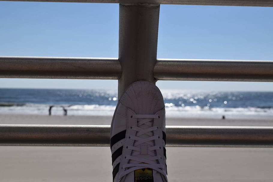 beach, banister, long island, sand, sky, new york, adidas, sneaker, black and white, scenic