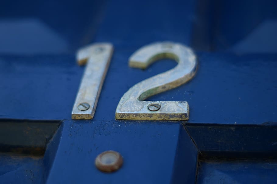 selectivo, foto de enfoque, señalización 12, doce, número, puerta, azul, profundidad, metal, hogar