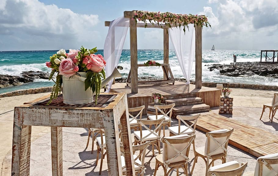 조직, 의자, 옆에, 몸, 물, 멕시코, 칸쿤, 해변, 결혼식, 로맨스