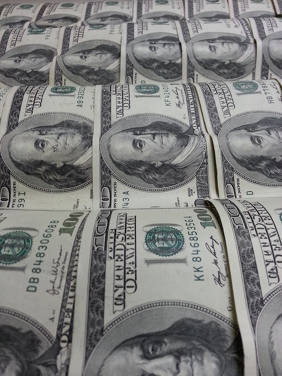 100, banyak uang kertas dolar, uang, dolar, mata uang, benjamin, franklin, mata uang kertas, keuangan, kekayaan