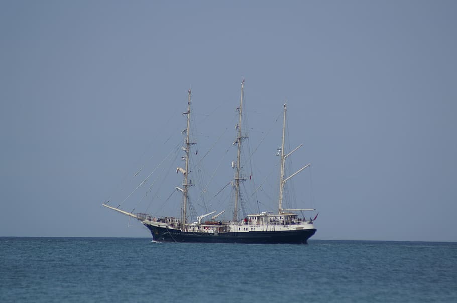 preto, branco, barco galeão, corpo, água, veleiro, Marselha, porto, três mastros, França