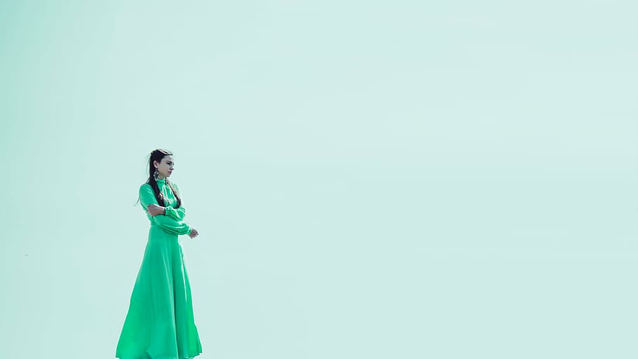 woman, wearing, green, gown, standing, facing, right direction, edge of the world, walk on water, girl