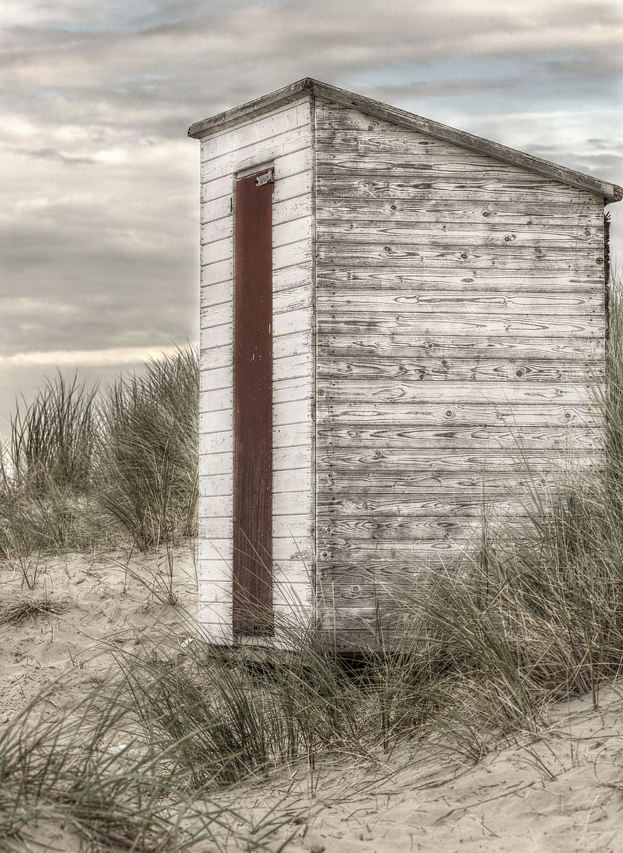 white, brown, wooden, shed, beach house, beach, breskens, holland, beach hut, coast