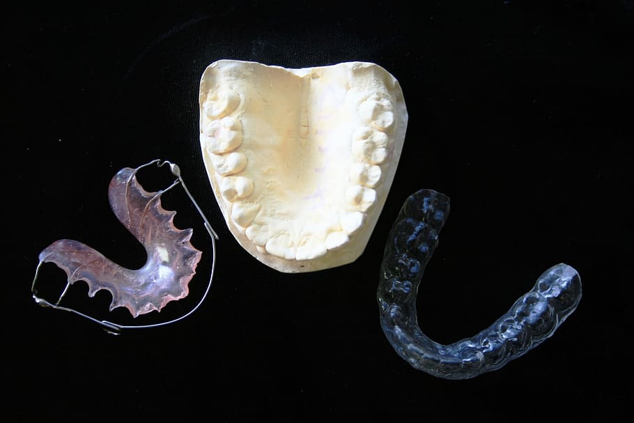 tres dentaduras surtidas, ortodoncia, ayudas, protector bucal, molde dental, placa, dentista, médico, medicina, dental