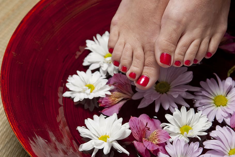person, showing, red, nail, polish, foot, pedicure, spa, woman, feet