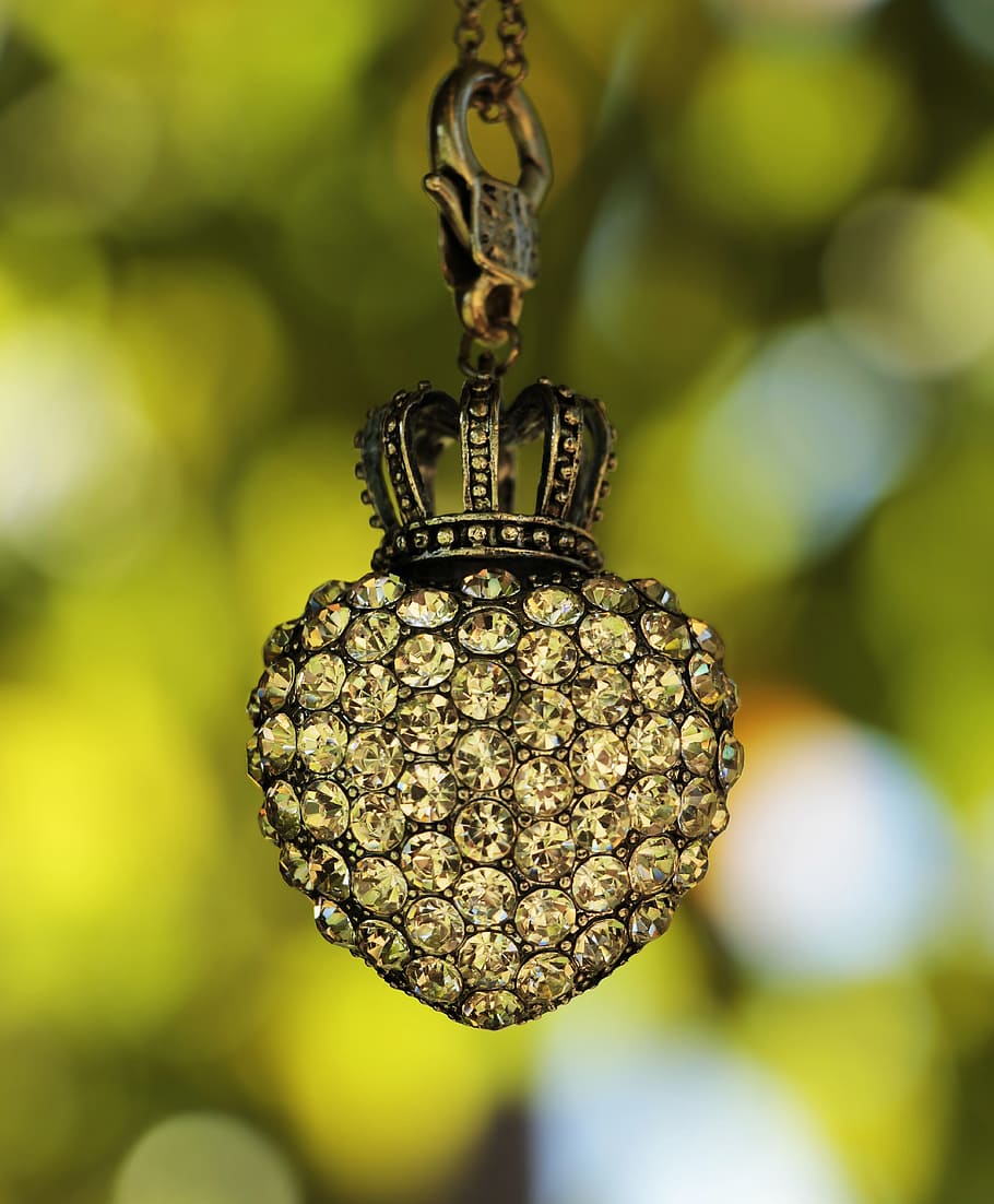silver-colored pendant, clear, gemstones, heart, crown, tree, bokeh, rhinestone, rhinestones, heart with crown