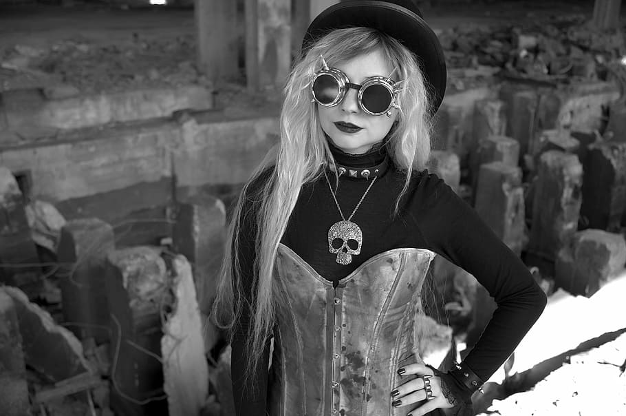 grayscale photo, woman, wearing, sunglasses, skull pendant necklace, portrait, people, one, steampunk, punk