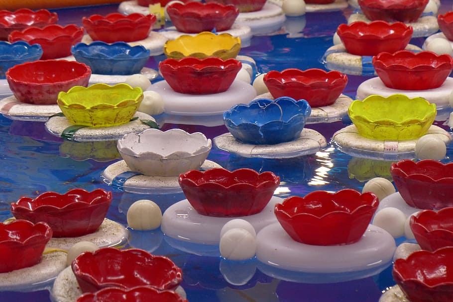 carnival, game, ping-pong, red, blue, yellow, water, fair, multi colored, large group of objects