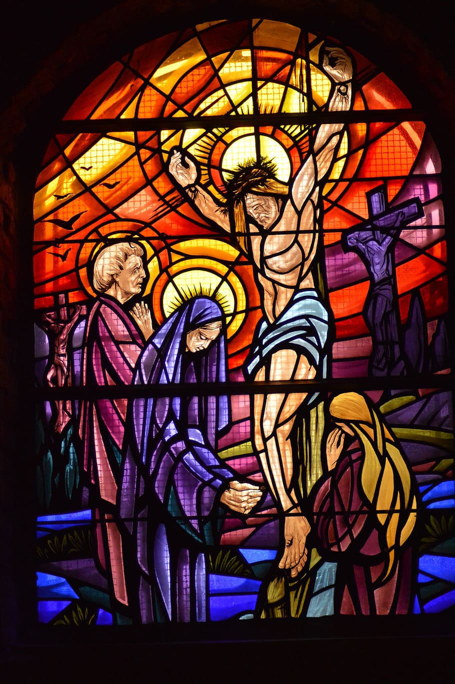 stained glass, colorful, window, church, jesus, cross, death, crucifixion, mary, jeans