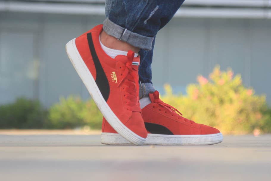 person, wearing, pair, red, puma shoes, puma, reed, shoes, low section, shoe