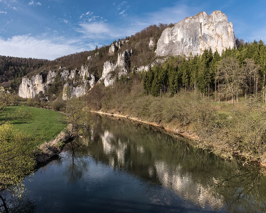 danube, danube valley, hausen, lime rock, waters, mountain, nature, landscape, water, plant