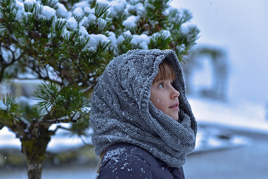 girl, wearing, gray, headscarf, child, snow, winter, cold, scarf, outdoors