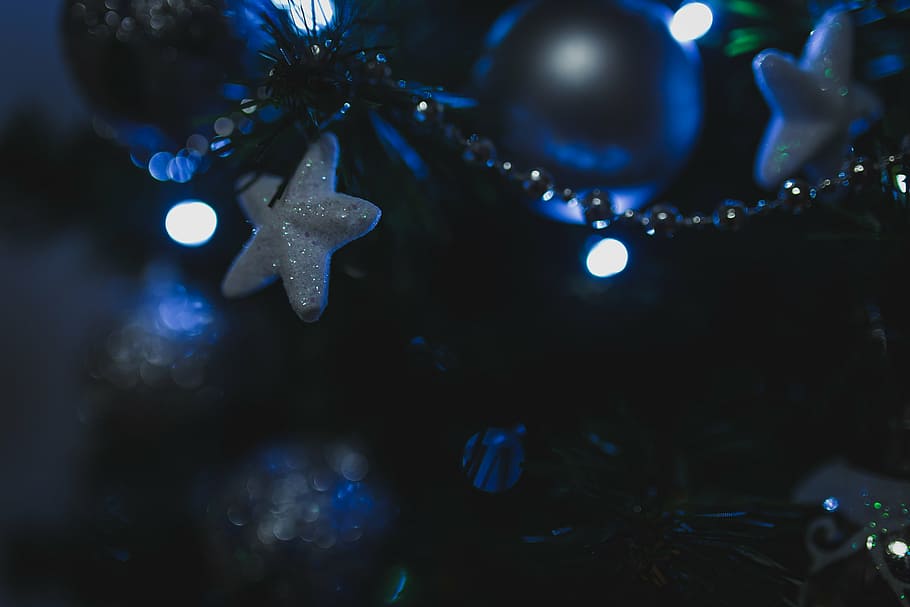 Зеленый, Рождественская елка, Серебряные безделушки, Селективный, Фокус, фотография, белый, звезда, орнамент, Рождество
