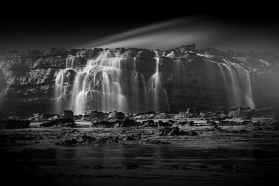 grayscale photography, waterfalls, rock coral, morning illusion, long exposure, nature, black And White, waterfall, water, landscape