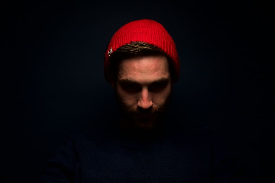 man, wearing, red, cap, people, guy, face, beanie, dark, men