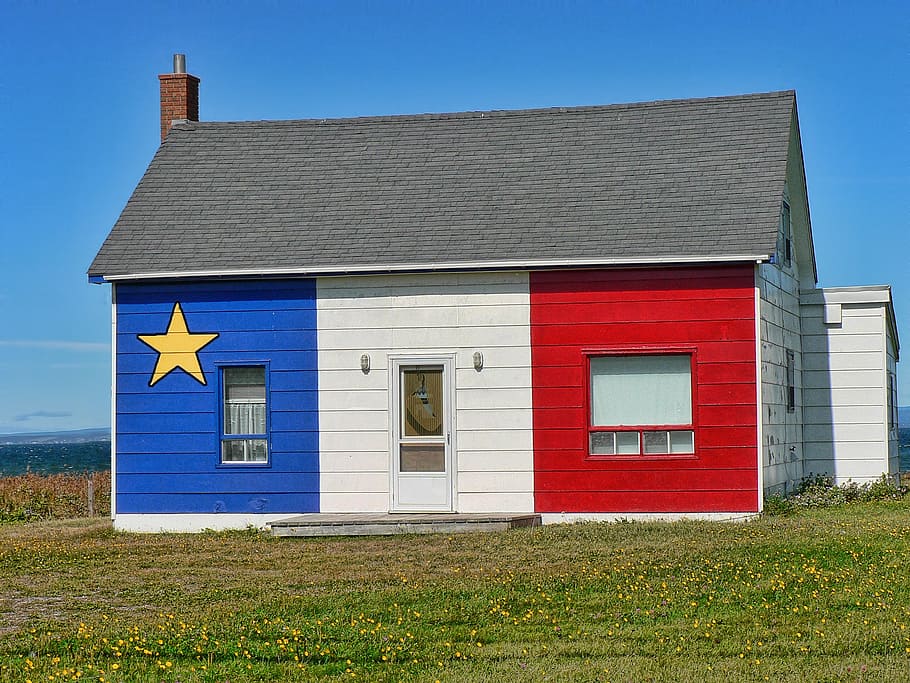 acadian house, new brunswick, canada, flag, patriotic, building, house, architecture, building exterior, built structure