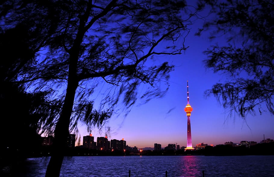 lighted cn tower, beijing, tower telecom, china, tower, architecture, building exterior, water, built structure, tree