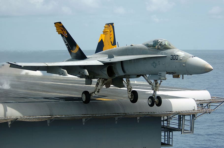 gray, fighter jet, surrounded, sea, daytime, hornet, f a 18 c, aircraft carrier, uss kitty hawk, cv 63