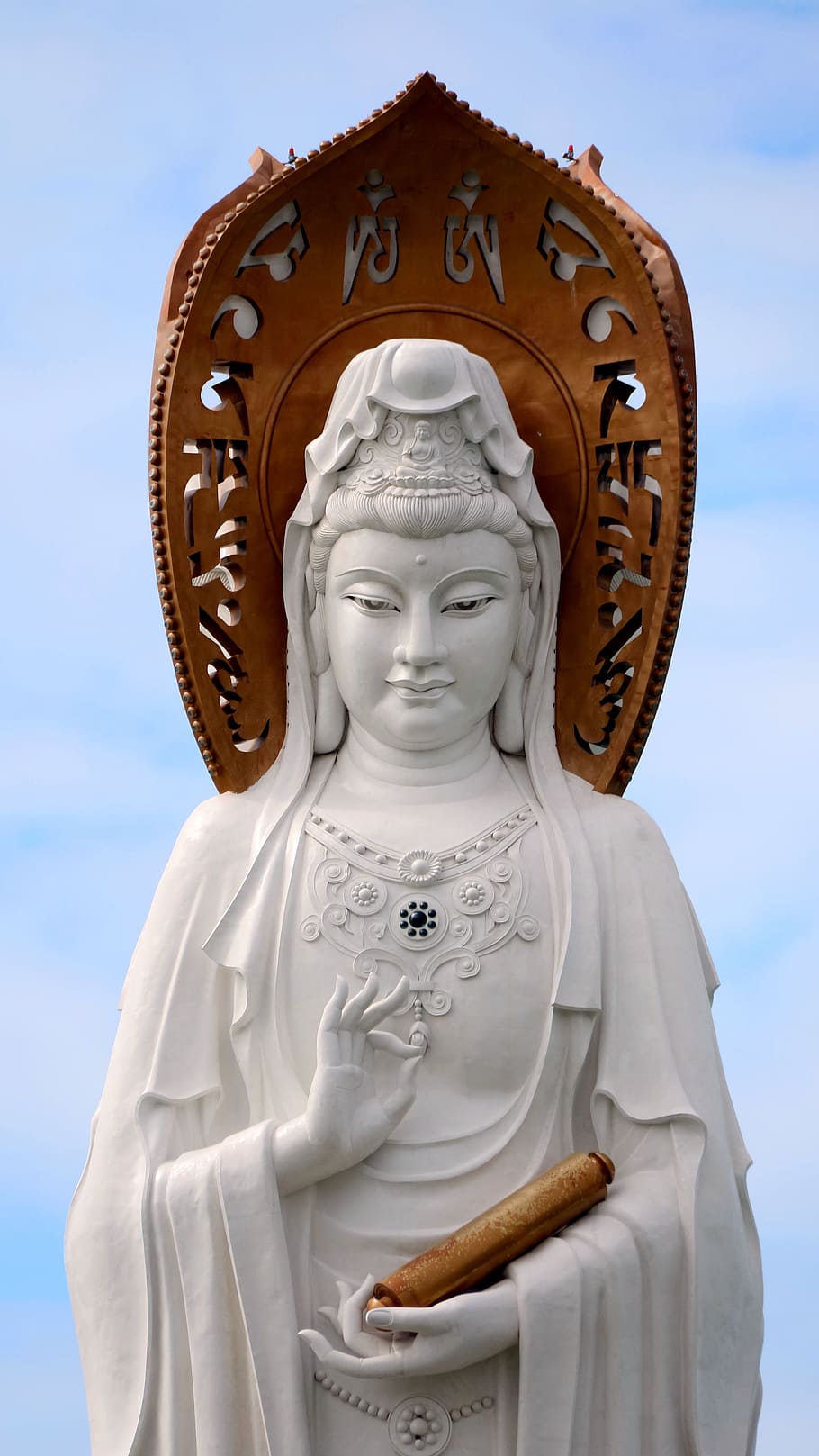 white, brown, statue, woman, sky, Hainan Island, Guanyin, Religion, culture, idol