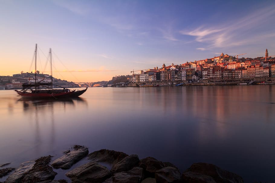 porto, portugal, río, douro, puesta de sol, hora azul, ciudad, turista, noche, barco