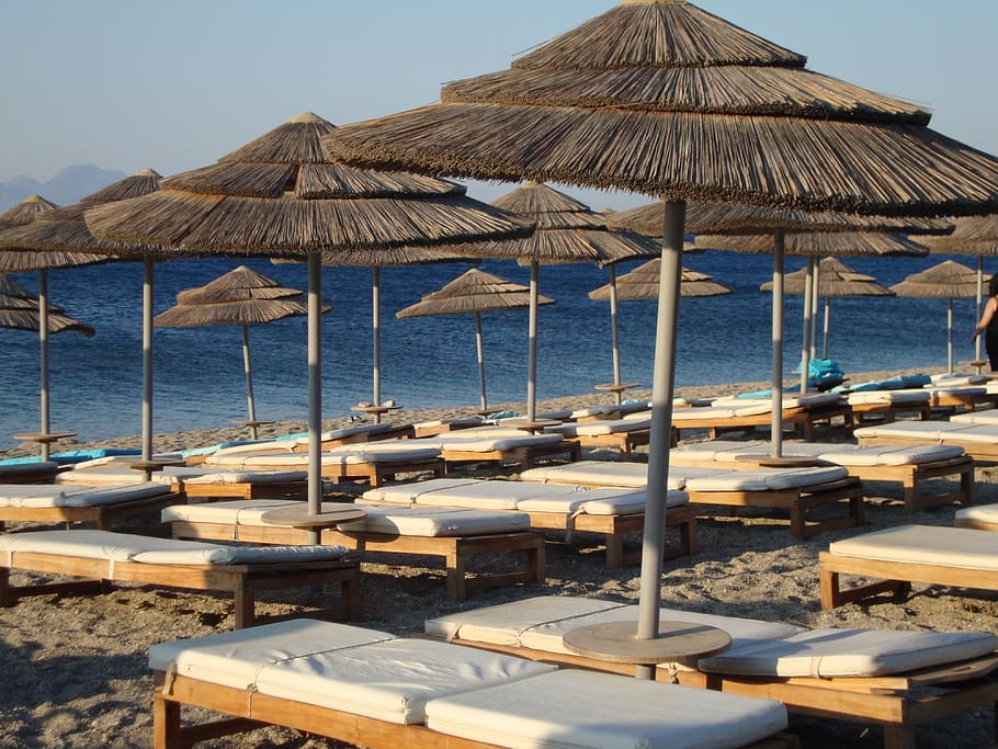 beach, kos, greece, umbrella, sunbed, summer, sunshine, holiday, morning, water