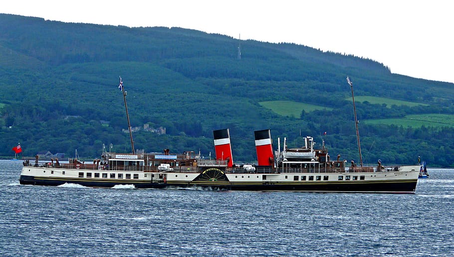waverley, paddle steamer, scotland, sir walter scott, transportation, water, mode of transportation, nautical vessel, mountain, waterfront