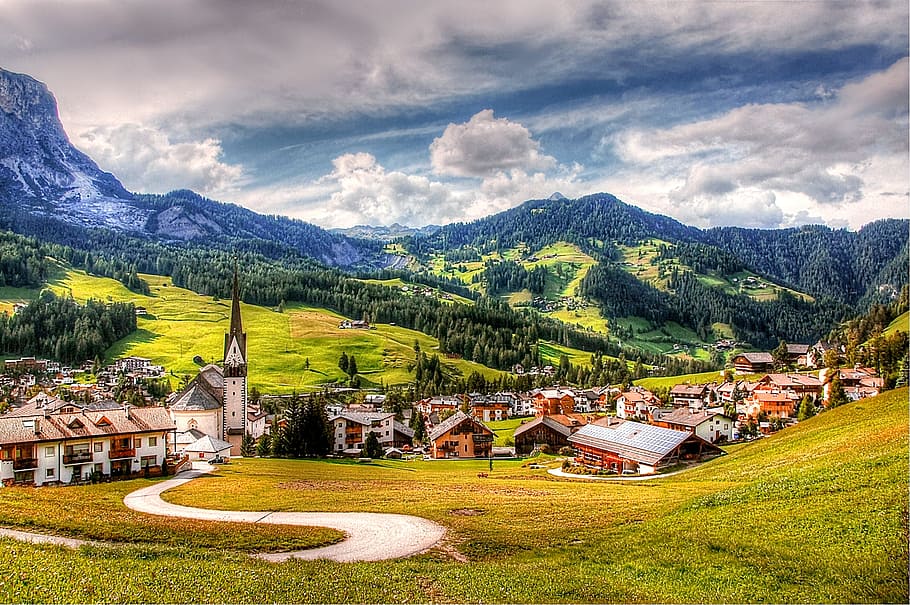 houses, mountain, gray, cloudy, sky, alta badia, dolomites, nature, unesco world heritage, south tyrol