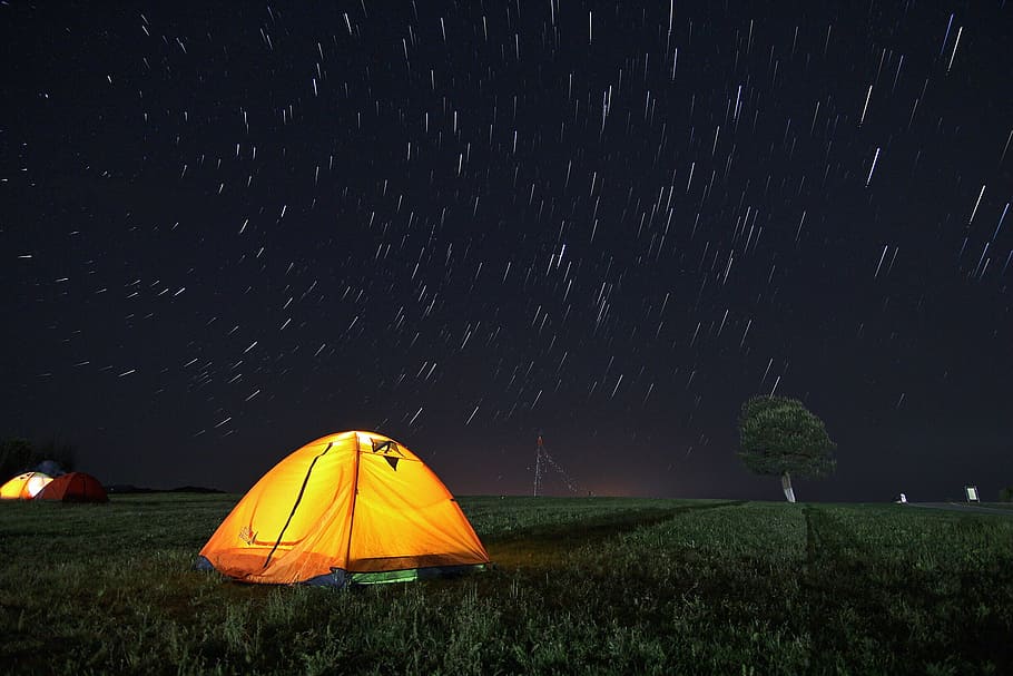 turned-on light, inside, camping tent, time-lapse photography, stars, Tent, Starry Sky, star tracks, night, camping