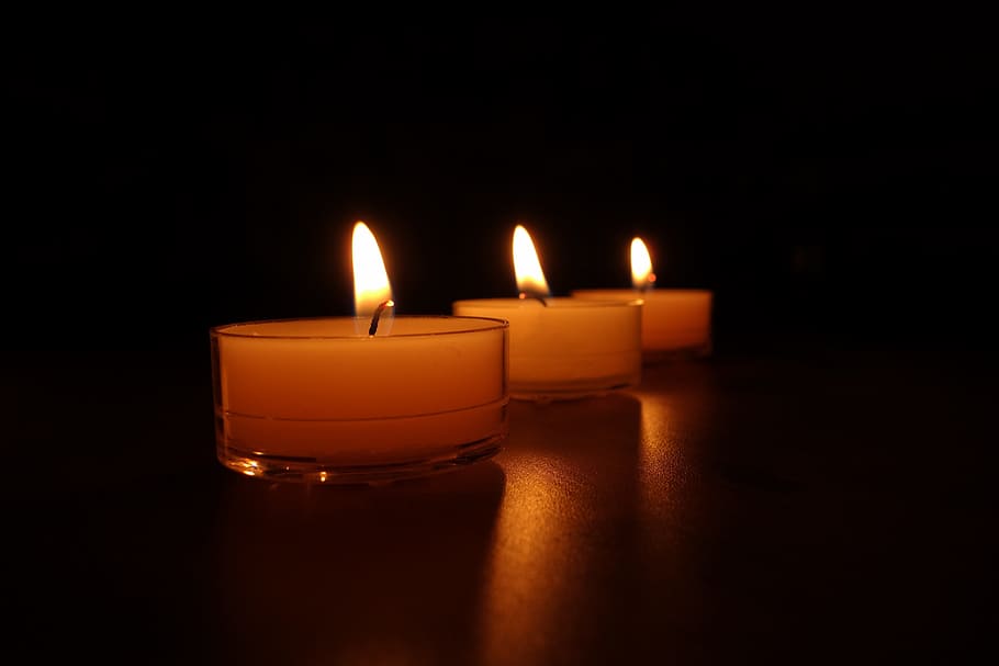three, lighted, tealight candles, black, room, tealight, candles, black room, candlelight, light