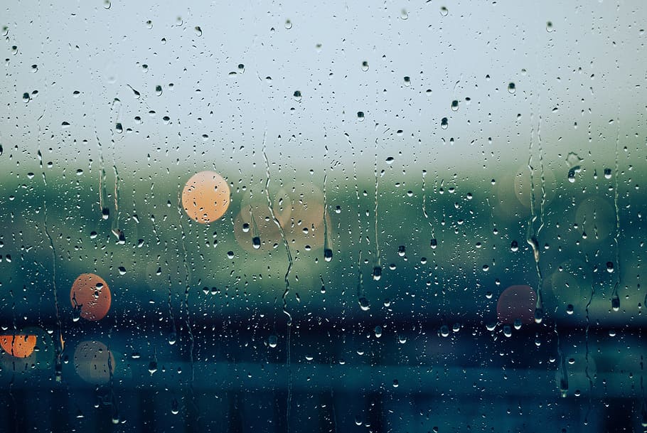 view, bokeh lights, behind, glass, water droplets, running, rain, drops, wet, lights