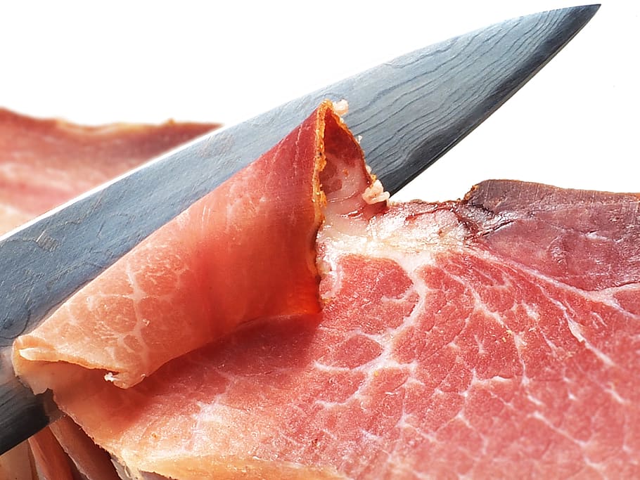 bacon strip, ham, pisau, makan, makanan, lezat, potongan, merokok, ham asap, daging
