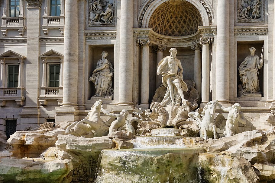 italy, rome, trevi fountain, architecture, places of interest, landmark, sculpture, art and craft, statue, representation