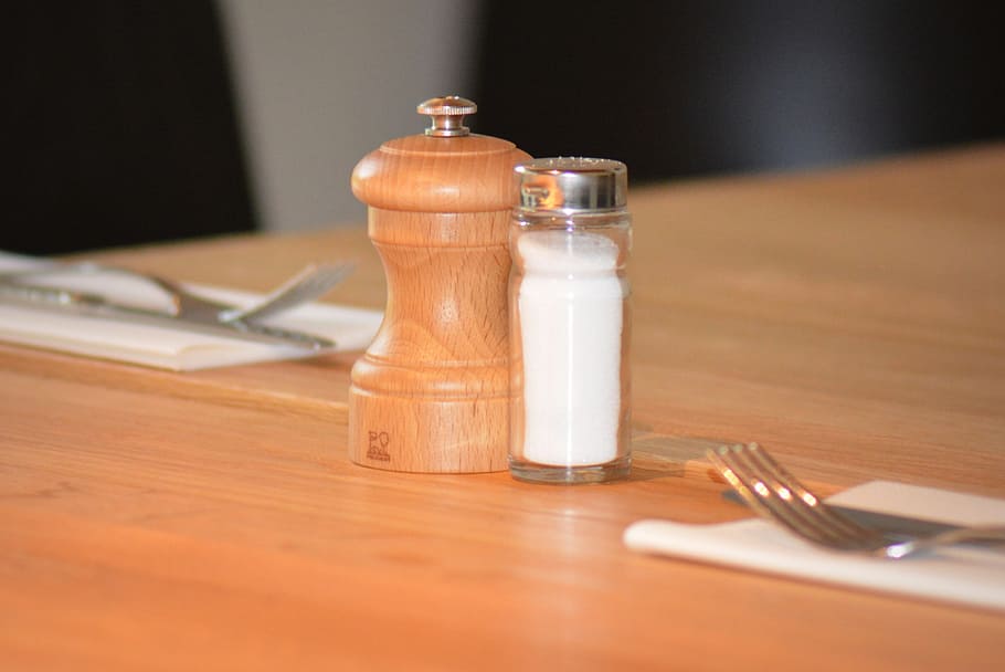 salt shaker, pepper mill, pepper and salt, cutlery, set table, table, indoors, container, wood - material, pepper - seasoning