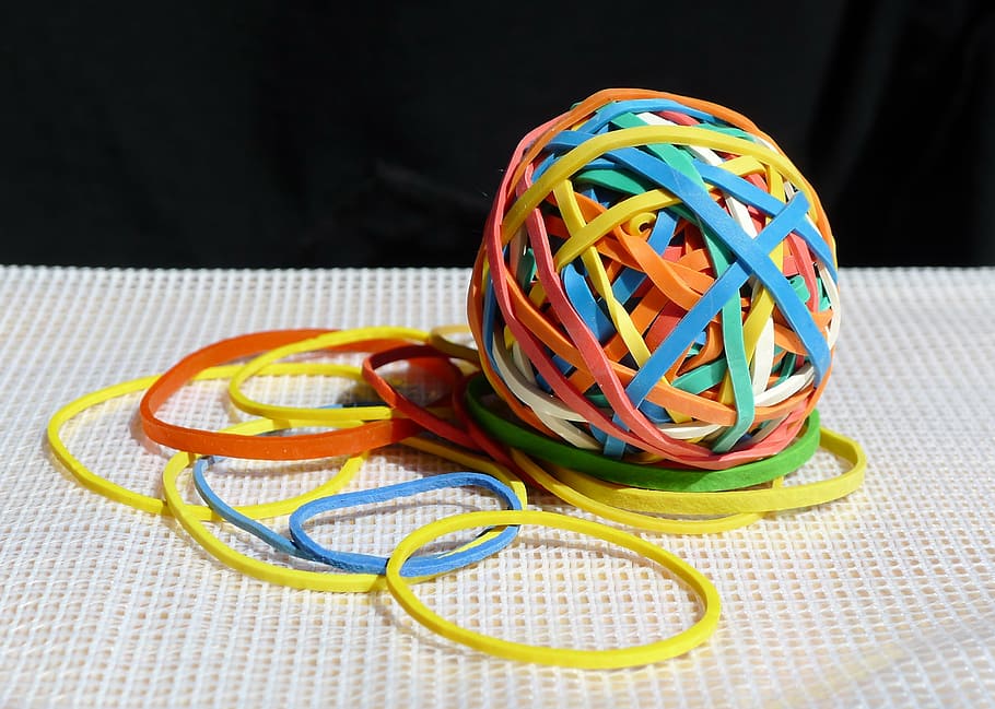 laços multicoloridos, bandas elásticas, cor, bola, elástico, borracha, coloridos, banda, volta, artigos de papelaria