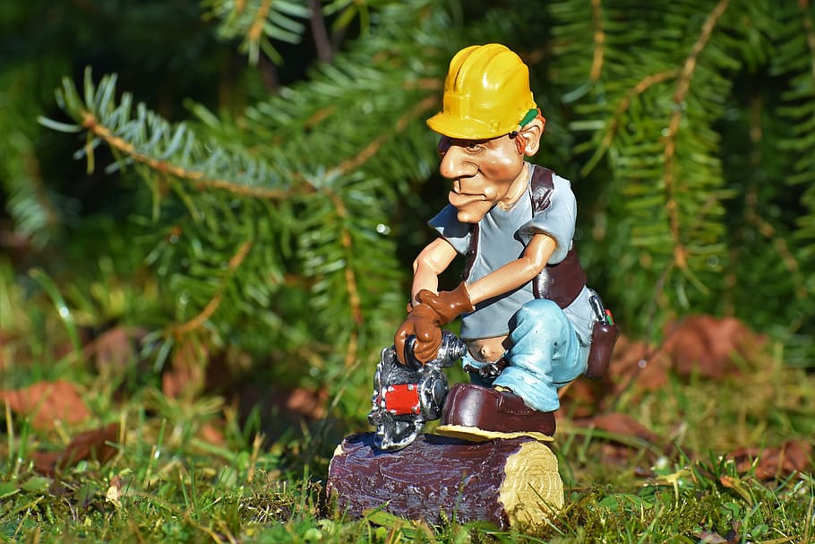 man, wearing, blue, shirt, holding, chain, saw, figurine, lumberjack, forest workers