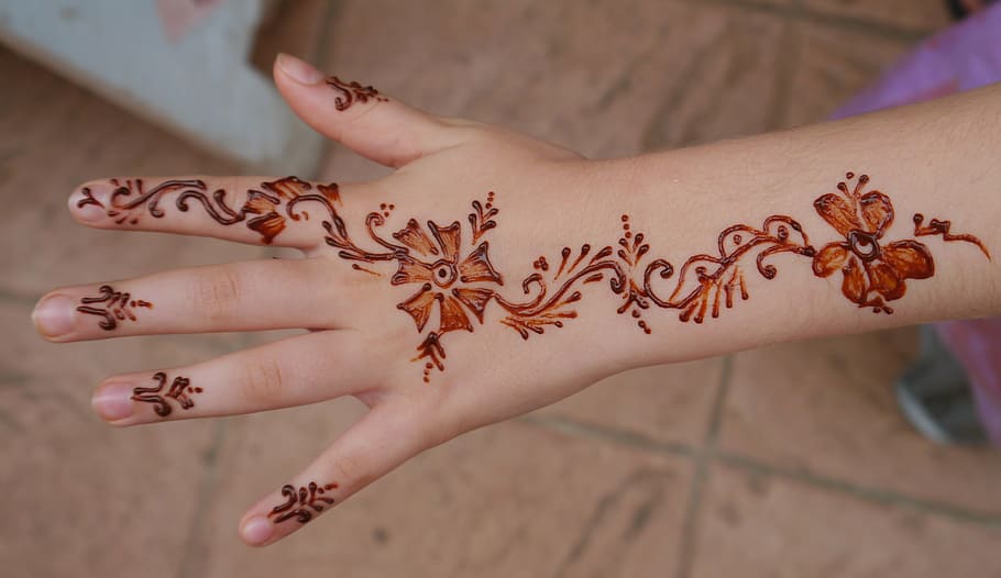 henna, mano, niña, mehendi, arte, pintura, indio, tradiciones, mujeres, personas