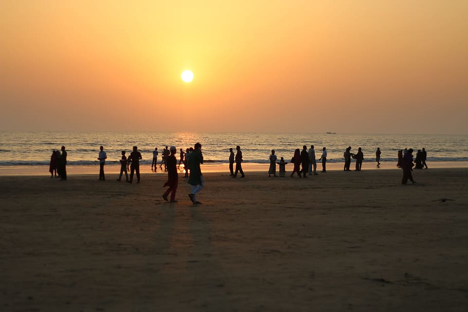 bazar cox, matahari terbenam, pantai, bangladesh, chittagong, laut, air, tanah, sekelompok orang, langit