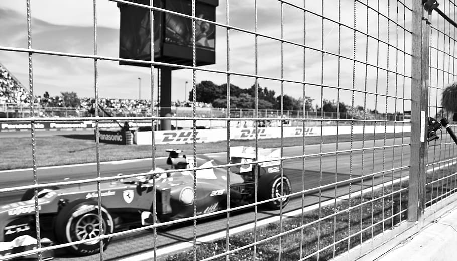 grayscale photography, formula 1 race car, track, fence, f1, formula 1, racing, speed, black and white, montreal