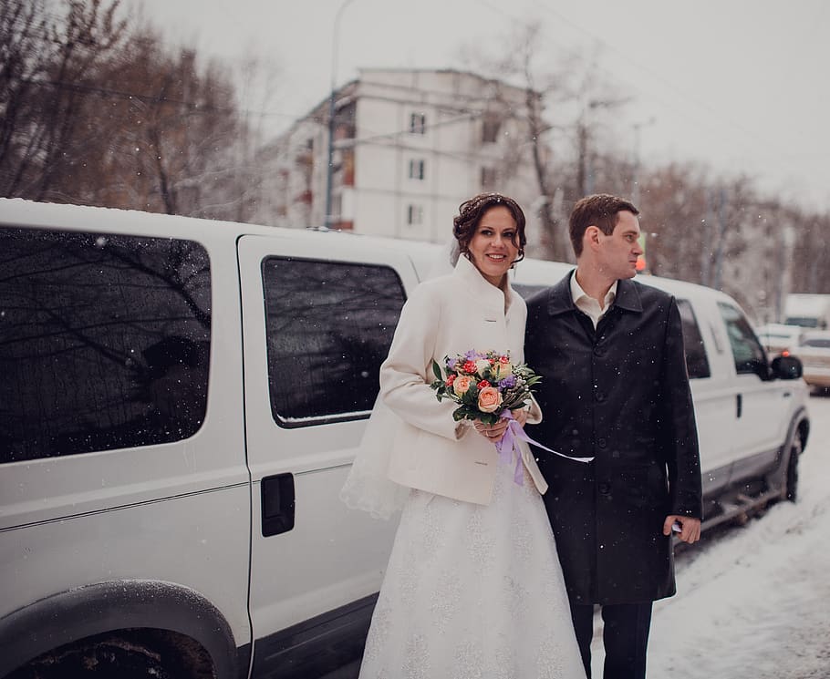 wedding, bride, the groom, couple, marriage, love, young adult, mode of transportation, real people, transportation